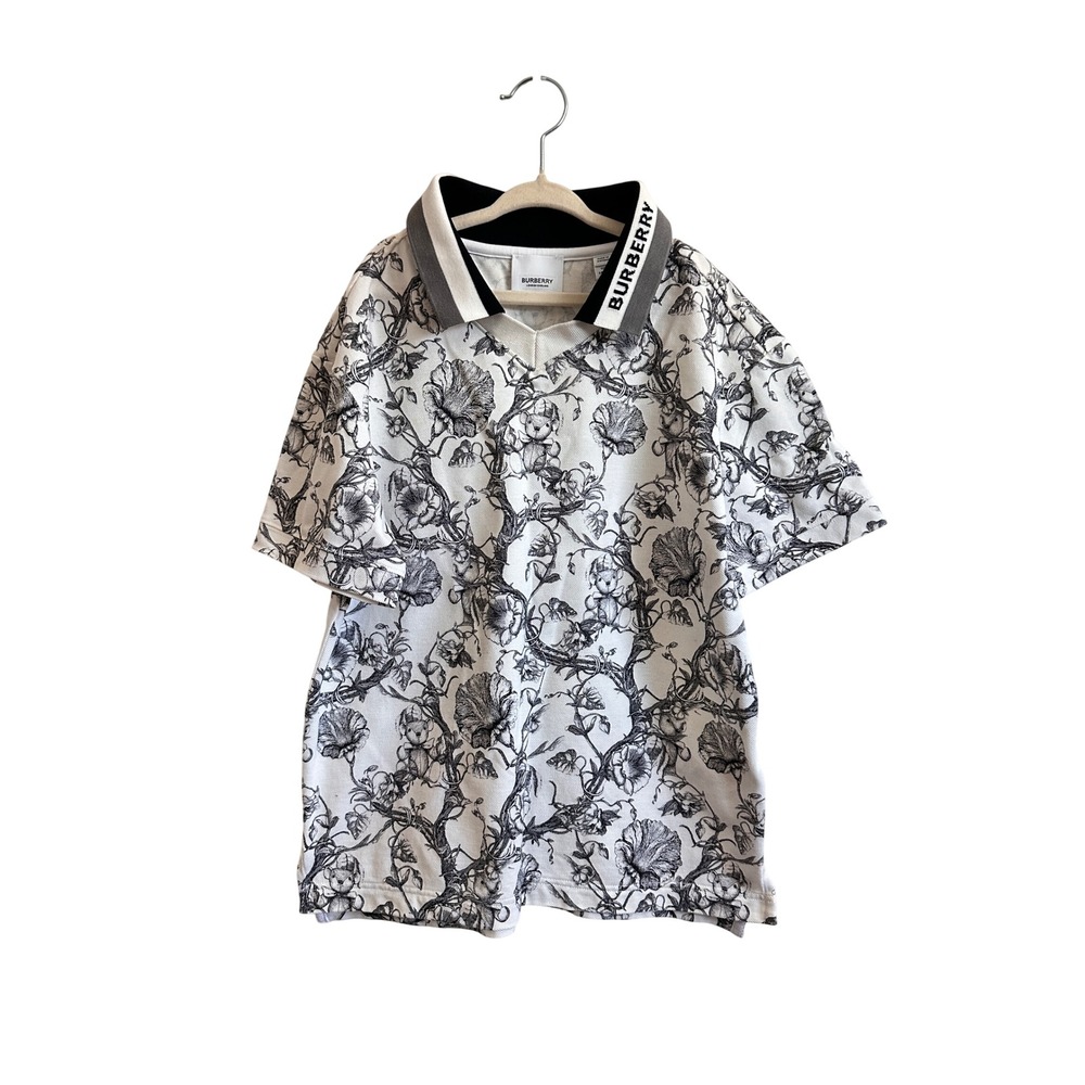 Burberry Kids Floral Toile Teddy Bear Logo Collar Polo Shirt White Black 10Y